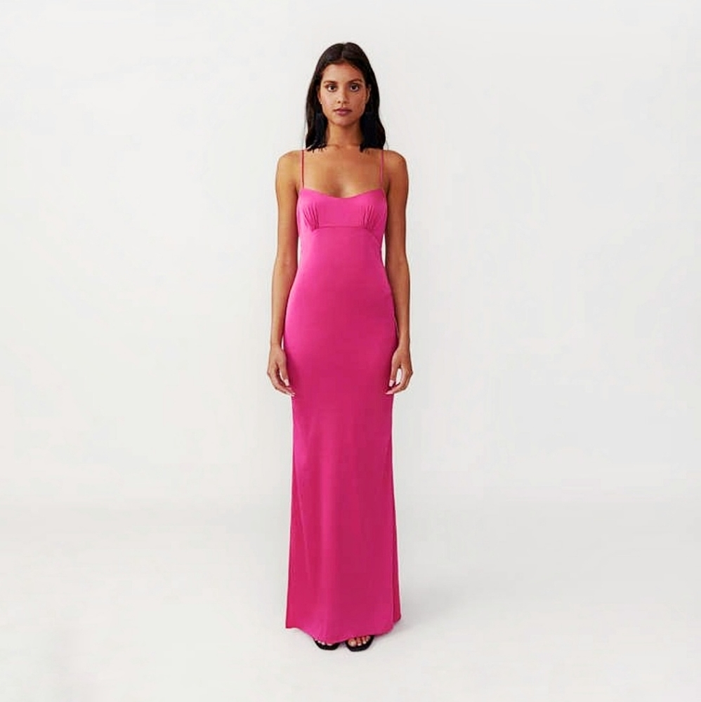 Fame & Partners Barbiecore 90s Y2K Satin Thigh Slit Maxi Dress